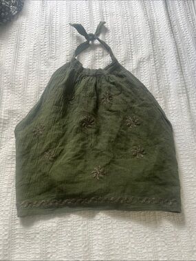 Olive Green Halter Tank Top with Embroidered Detail